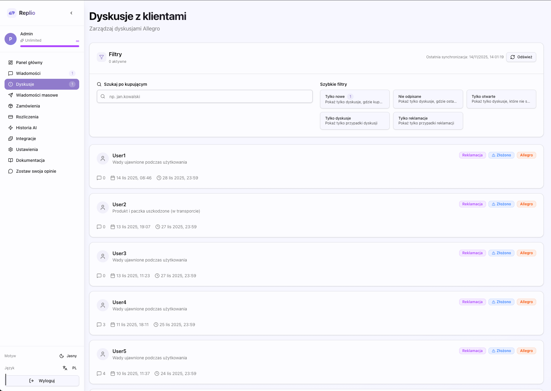 Zrzut ekranu listy dyskusji z filtrami