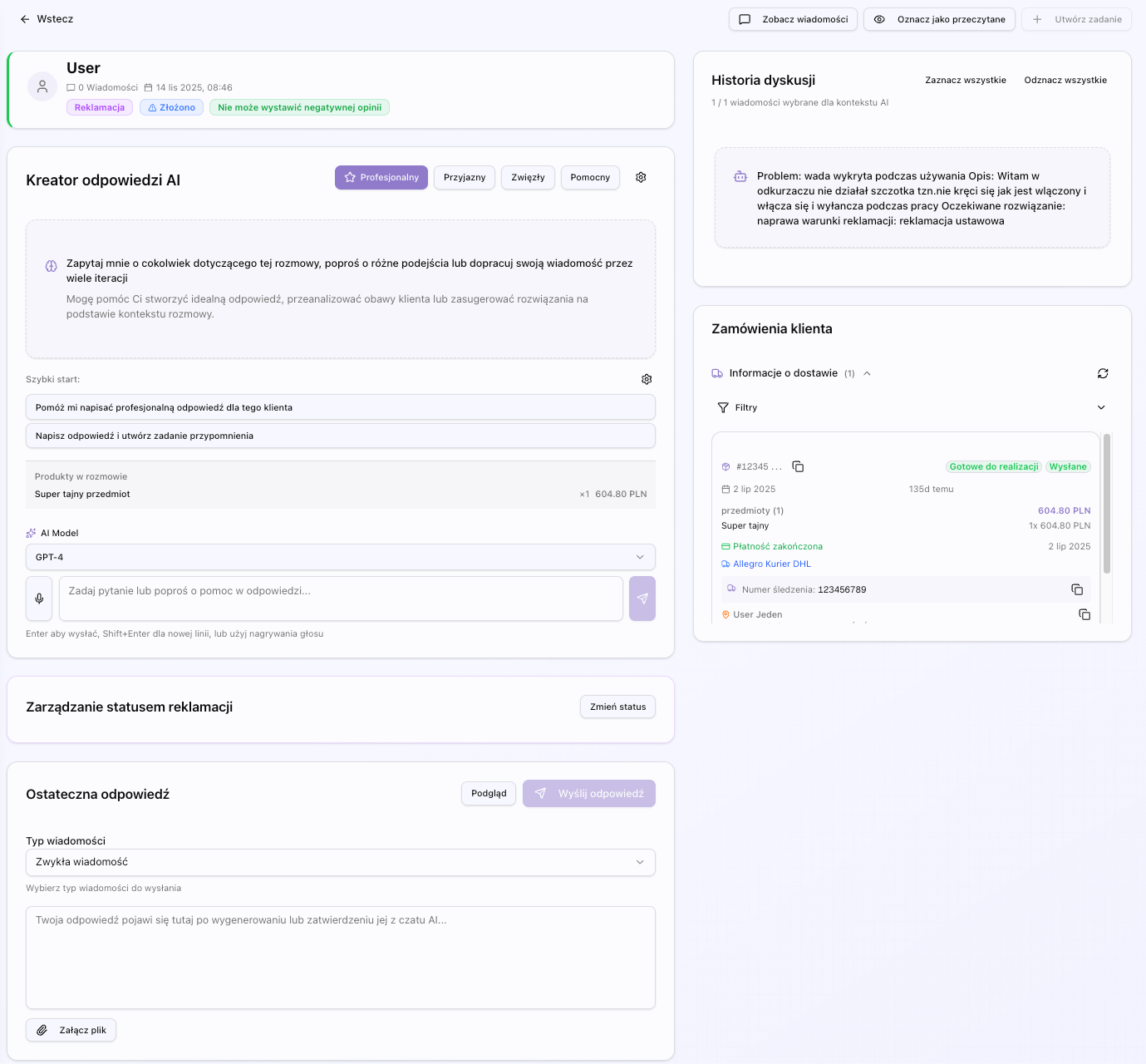 Zrzut ekranu szczegółów dyskusji z panelem czatu