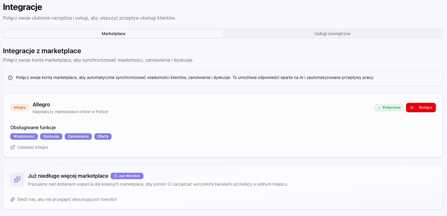 Zrzut ekranu strony integracji