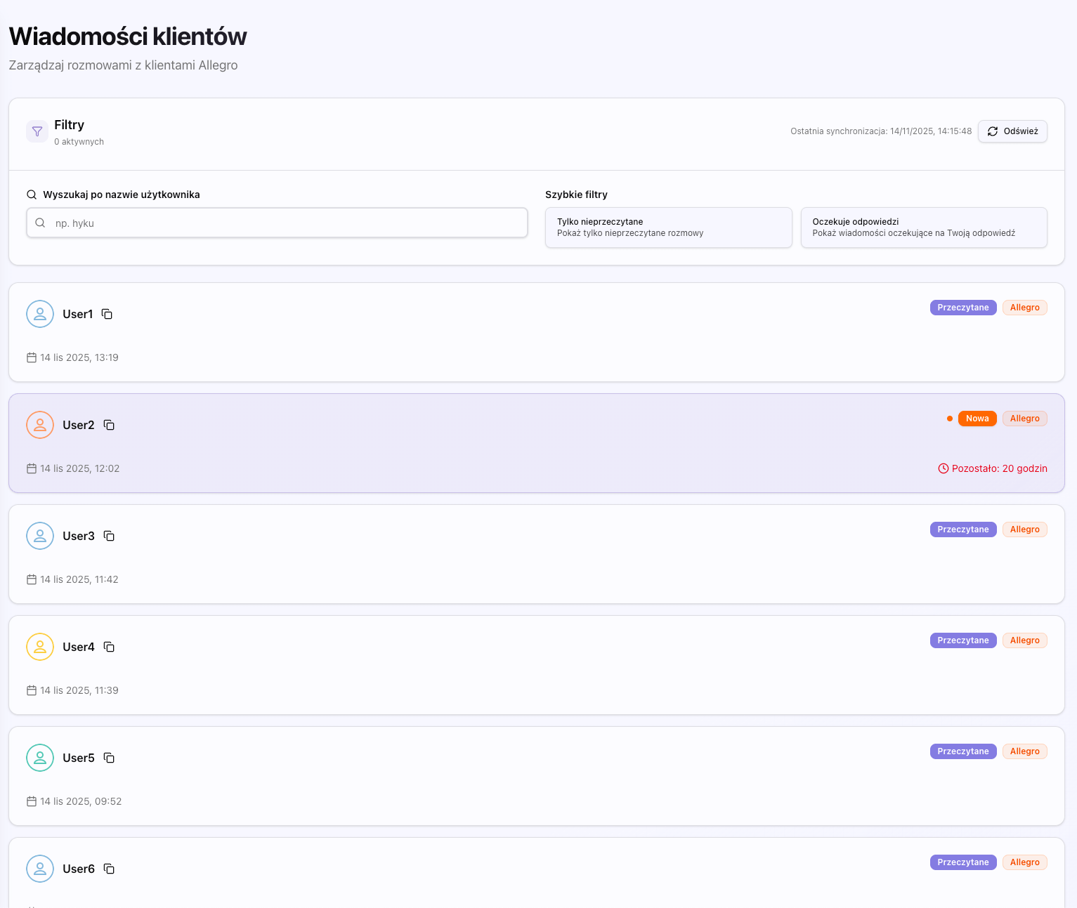 Zrzut ekranu listy wiadomości z filtrami