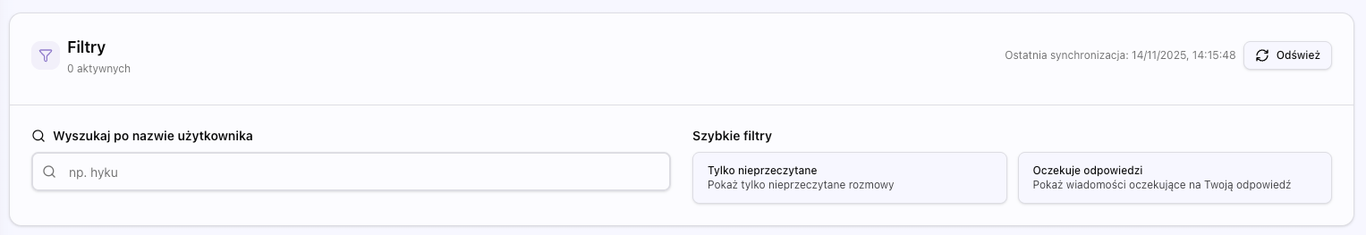 Zrzut ekranu panelu filtrów wiadomości