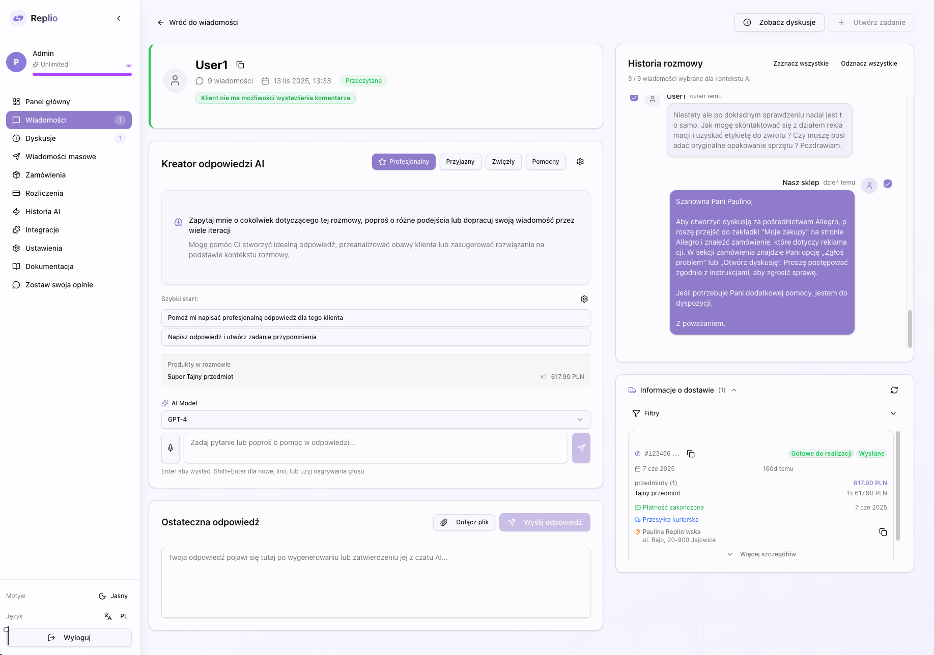 Zrzut ekranu szczegółów wiadomości z panelem AI Chat