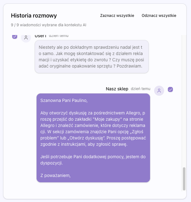 Zrzut ekranu panelu konwersacji