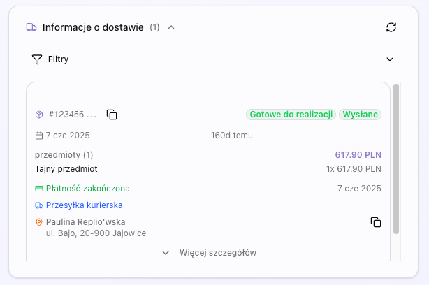 Zrzut ekranu sekcji zamówień klienta