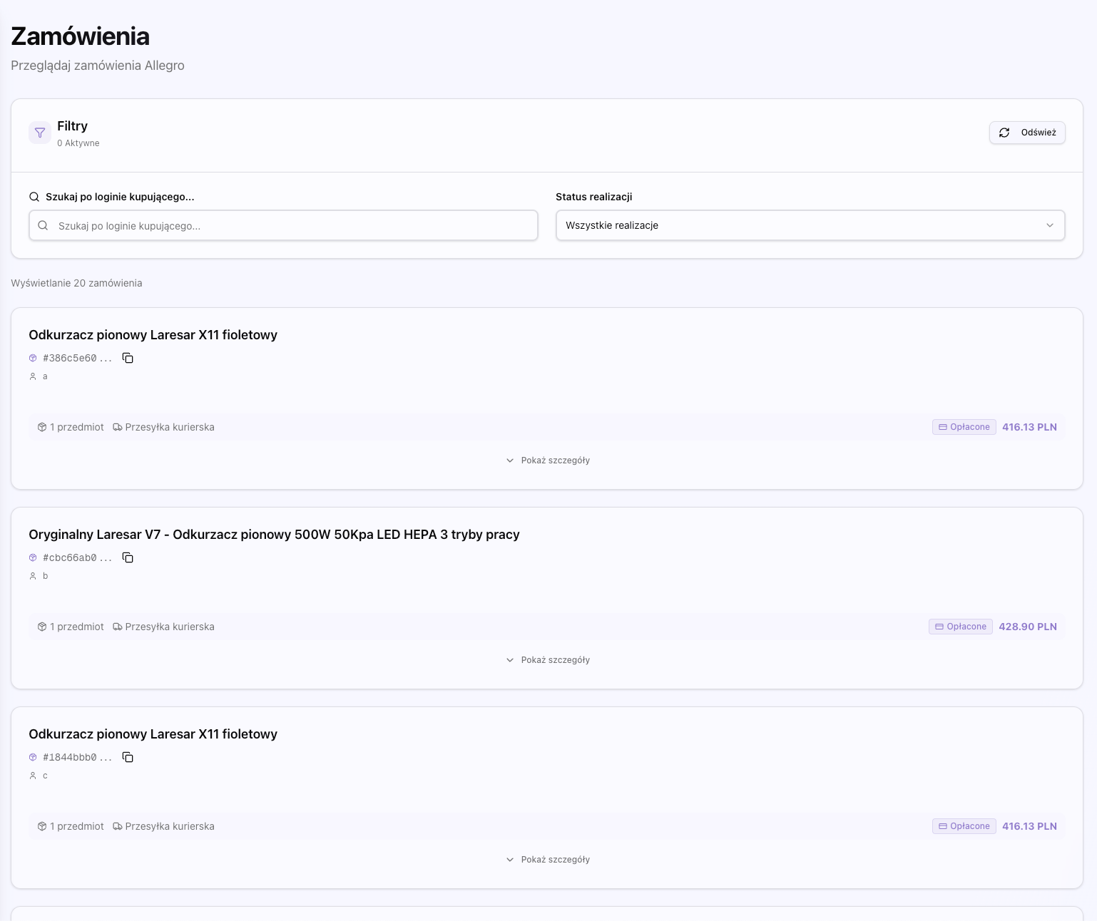Zrzut ekranu strony zamówień