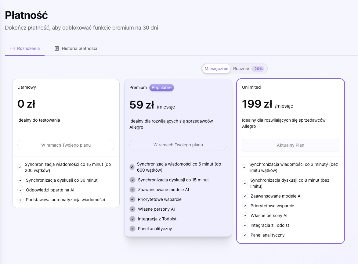 Zrzut ekranu strony rozliczeń