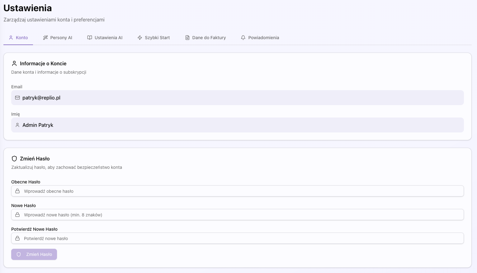 Zrzut ekranu strony ustawień